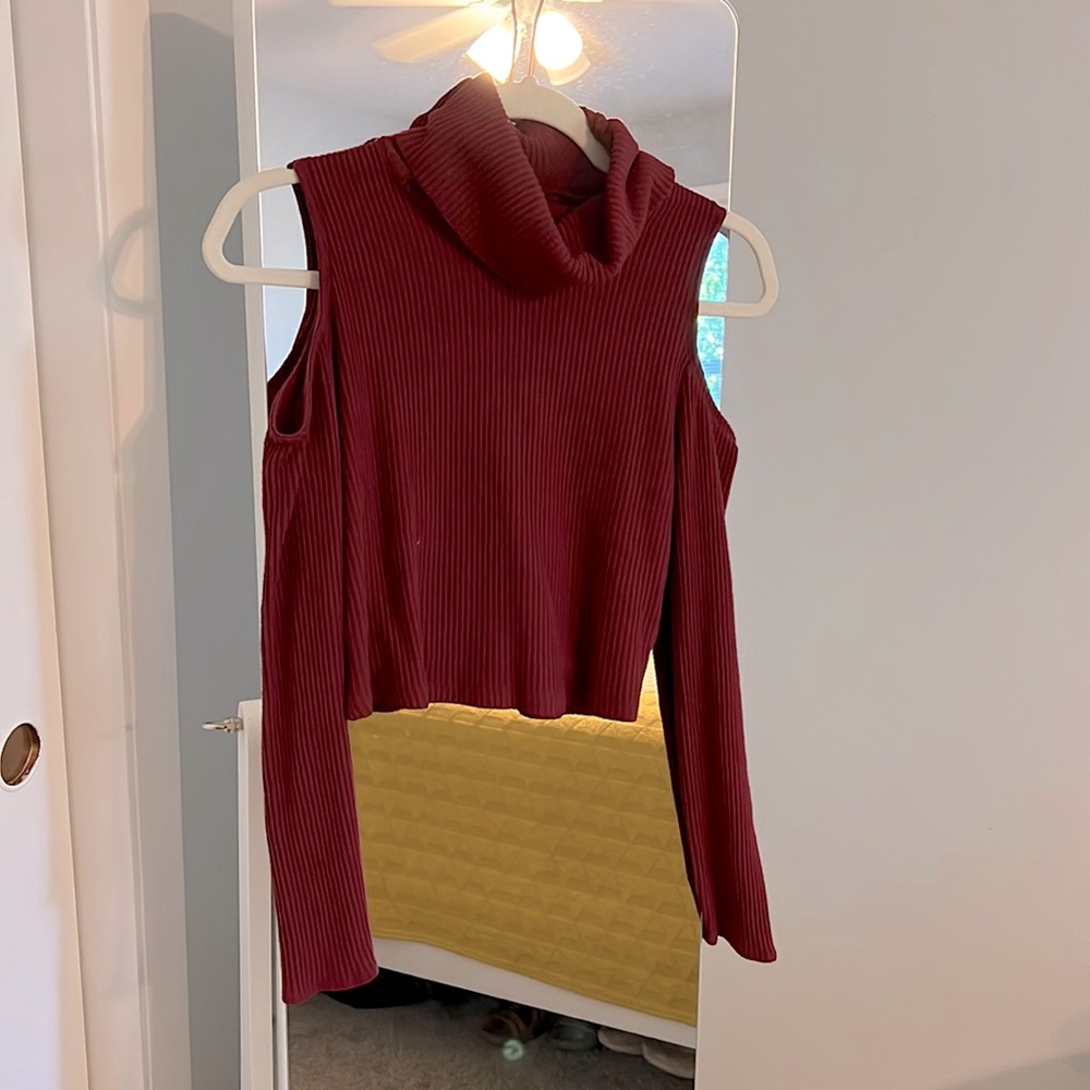 Hollister, Maroon Turtle Neck Long Sleeved Crop Top, Shoulder Exposure, L
